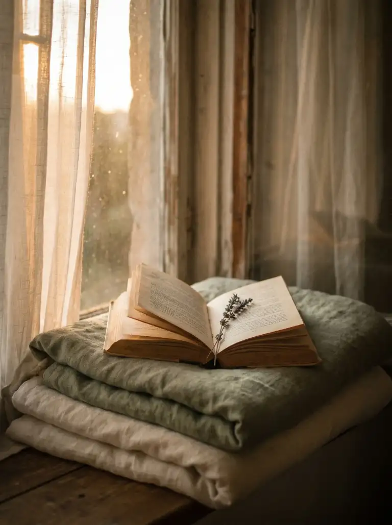 An open book on a linen blanket near a window in warm light